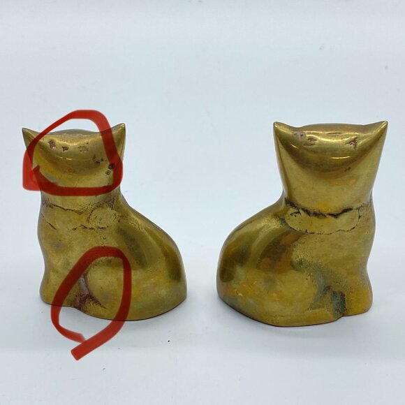Vtg Solid Brass Pair Cat Figurines Handmade Paper Weight Korea 2.5" **NOTE** - Picture 8 of 9